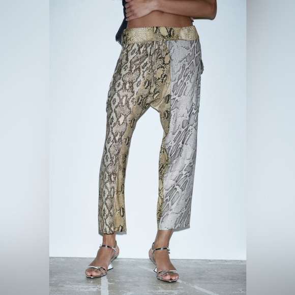 ZARA NEW WOMAN SNAKESKIN PATCHWORK PRINT TROUSERS PANT Sz: L - Picture 1 of 9